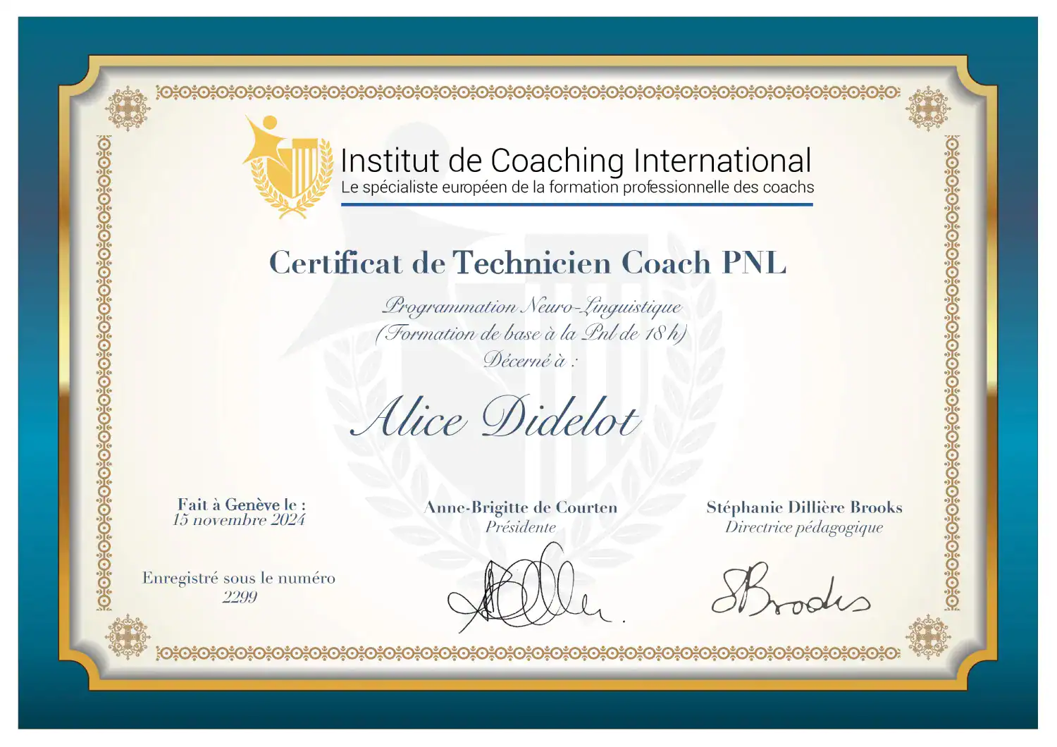 Diplôme Technicien Coach PNL - Alice Didelot