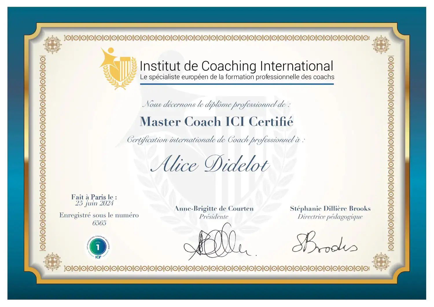 Diplôme Master Coach ICI - Alice Didelot