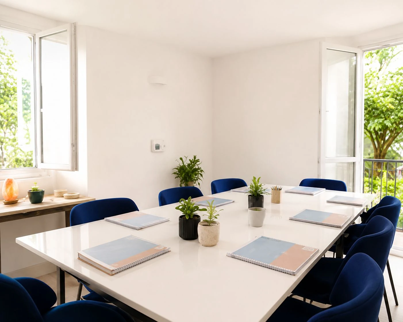 La salle d'atelier d'Alice Didelot à Hyères, préparée pour huit participants