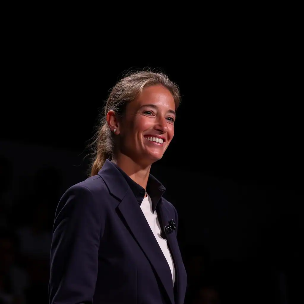 Coach en développement personnel pour entrepreneures et dirigeants, coaching de vie et carrière, accompagnement en communication et leadership, coaching professionnel ad delilot, image d'une femme coach souriante et confiante, visible en studio avec fond noir, pour optimiser le référencement SEO.