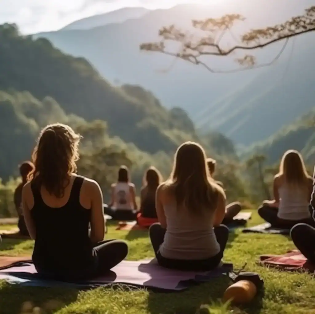 Pratique de yoga en plein air dans un environnement naturel pour le bien-être et la relaxation.